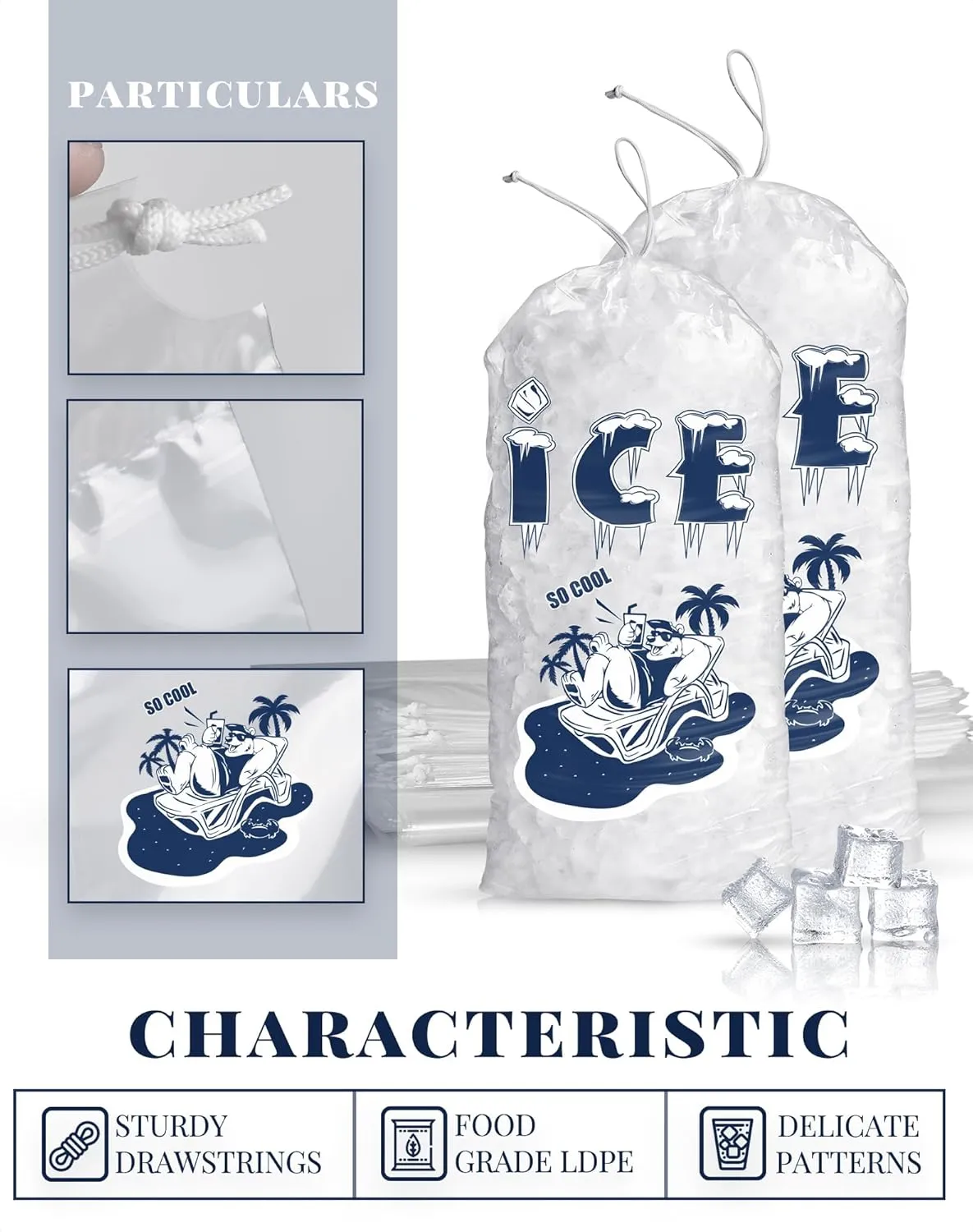 100 Pack Ice Bags 20 lb, Heavy-Duty Ice Bags with Drawstring(2 Mils Thickness)