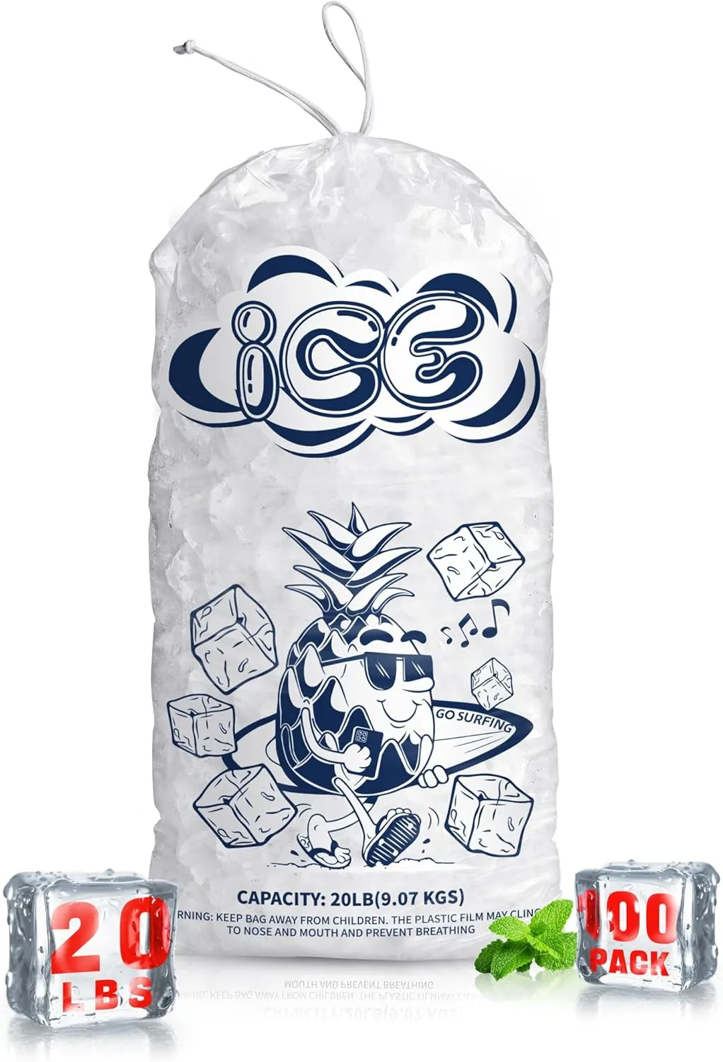 100 Pack Ice Bags 20 lb with Drawstring, Heavy-Duty Ice Bags for Ice Machine(2 Mils Thickness)