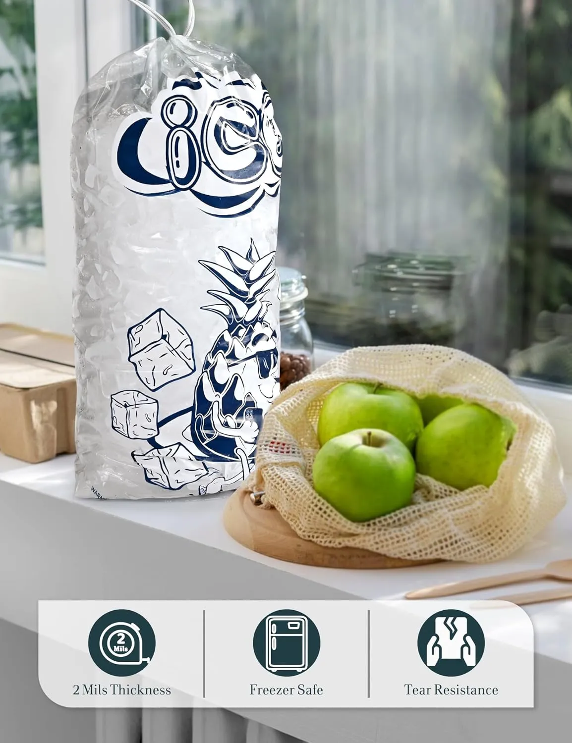 100 Pack Ice Bags 20 lb with Drawstring, Heavy-Duty Ice Bags for Ice Machine(2 Mils Thickness)