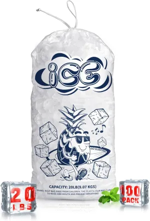 100 Pack Ice Bags 20 lb with Drawstring, Heavy-Duty Ice Bags for Ice Machine(2 Mils Thickness)