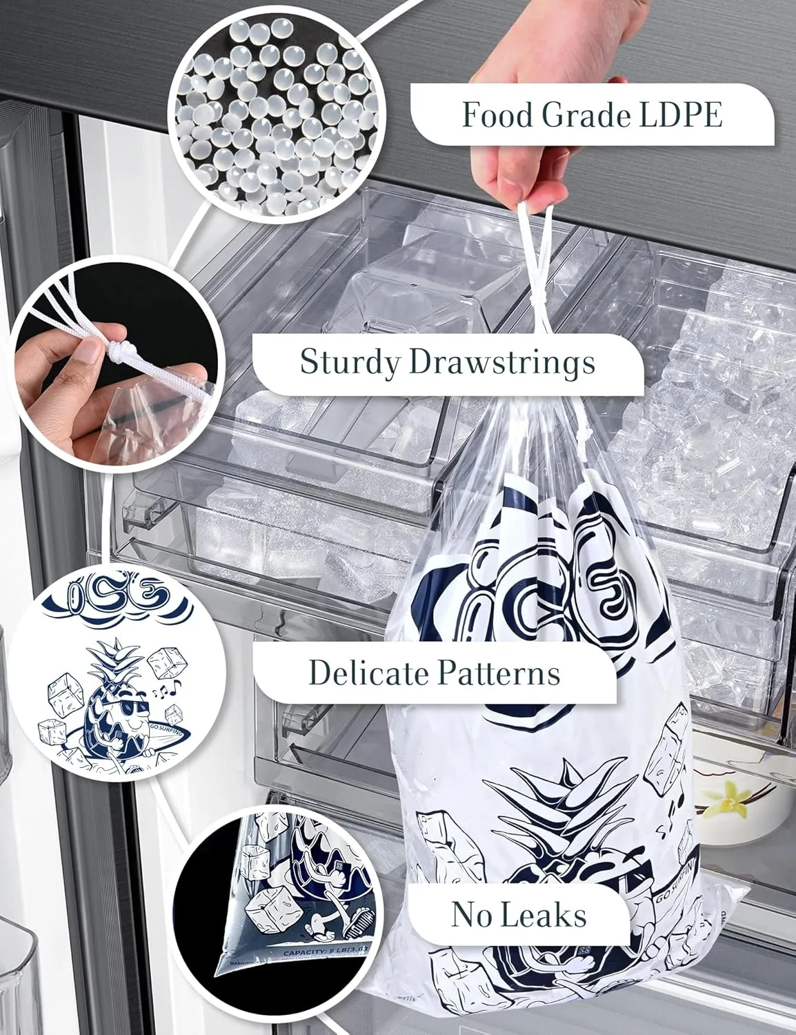 100 Pack Ice Bags 20 lb with Drawstring, Heavy-Duty Ice Bags for Ice Machine(2 Mils Thickness)
