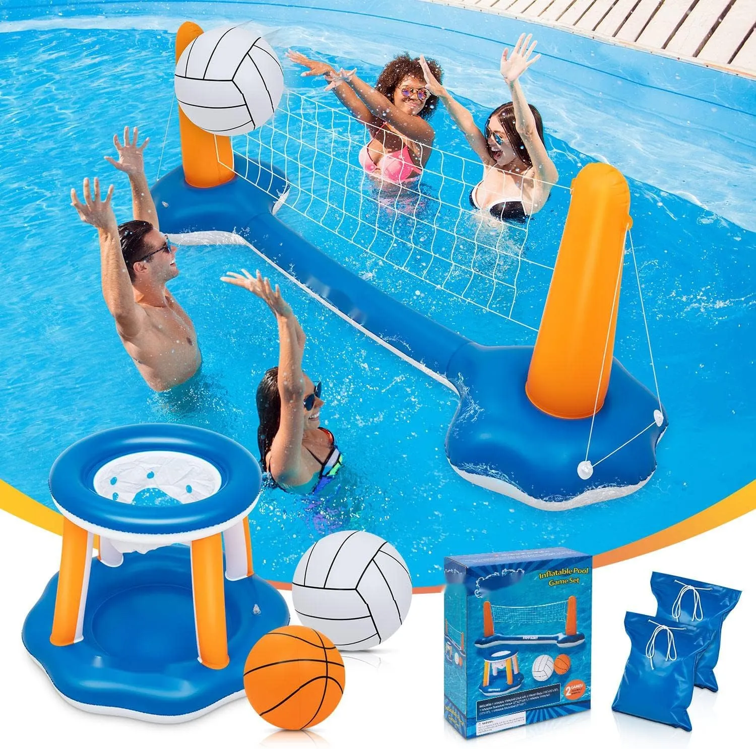 10.4' Larger Pool Volleyball Set & Basketball Hoop - 2024 NEW Pool Volleyball Net for Inground Pools Includes 2 Balls & 2 Weight Bags, Pool Toys Games for Adults and Family Party - Idea Summer Gift