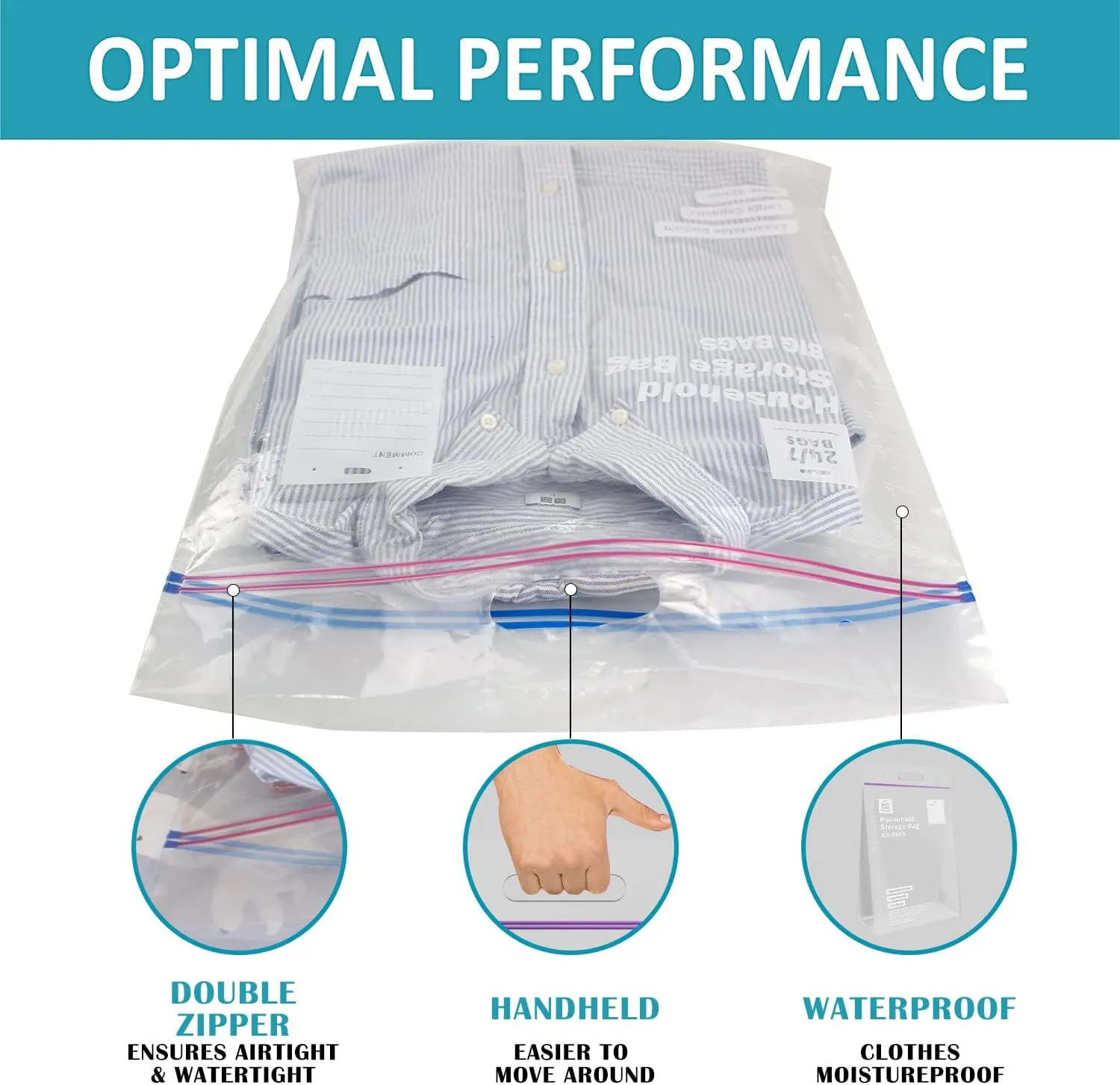 12 Large Plastic Storage Bags, 3 Gallons, Zero BPA, Double Zipper Seal, 3 Mils Thick, Double Layer Carry Handle, 15"x15"x7", Moving, Seasonal, Travel