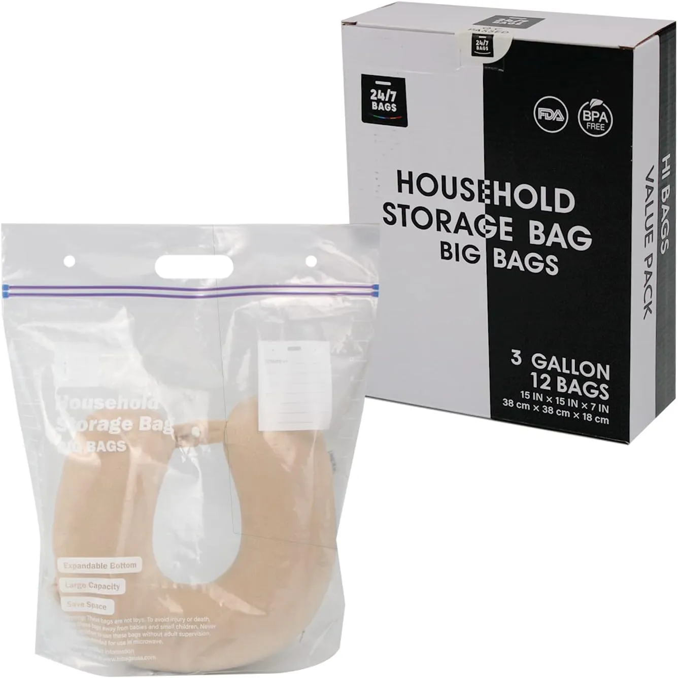 12 Large Plastic Storage Bags, 3 Gallons, Zero BPA, Double Zipper Seal, 3 Mils Thick, Double Layer Carry Handle, 15"x15"x7", Moving, Seasonal, Travel