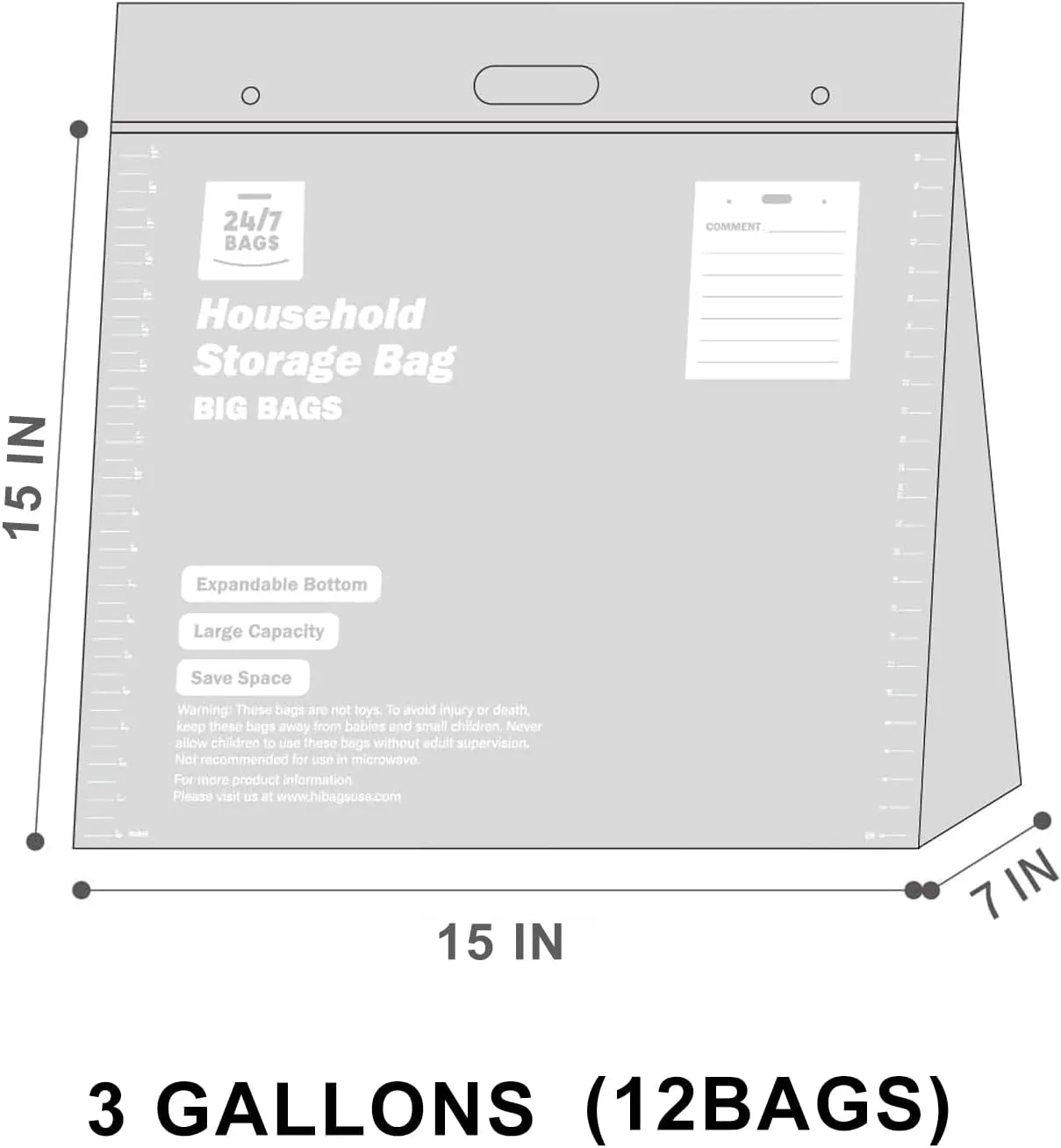 12 Large Plastic Storage Bags, 3 Gallons, Zero BPA, Double Zipper Seal, 3 Mils Thick, Double Layer Carry Handle, 15"x15"x7", Moving, Seasonal, Travel