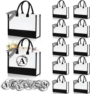 12 Pack Canvas Tote Bag for Women, Personalized Blank Beach Bag with 26PCS A-Z Initial Heat Transfer Letters Film, DIY Monogrammed Gift Tote Bags Bulk for Mom Teachers Friends Bridesmaids