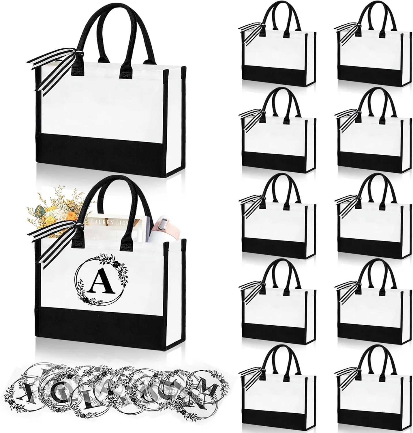 12 Pack Canvas Tote Bag for Women, Personalized Blank Beach Bag with 26PCS A-Z Initial Heat Transfer Letters Film, DIY Monogrammed Gift Tote Bags Bulk for Mom Teachers Friends Bridesmaids