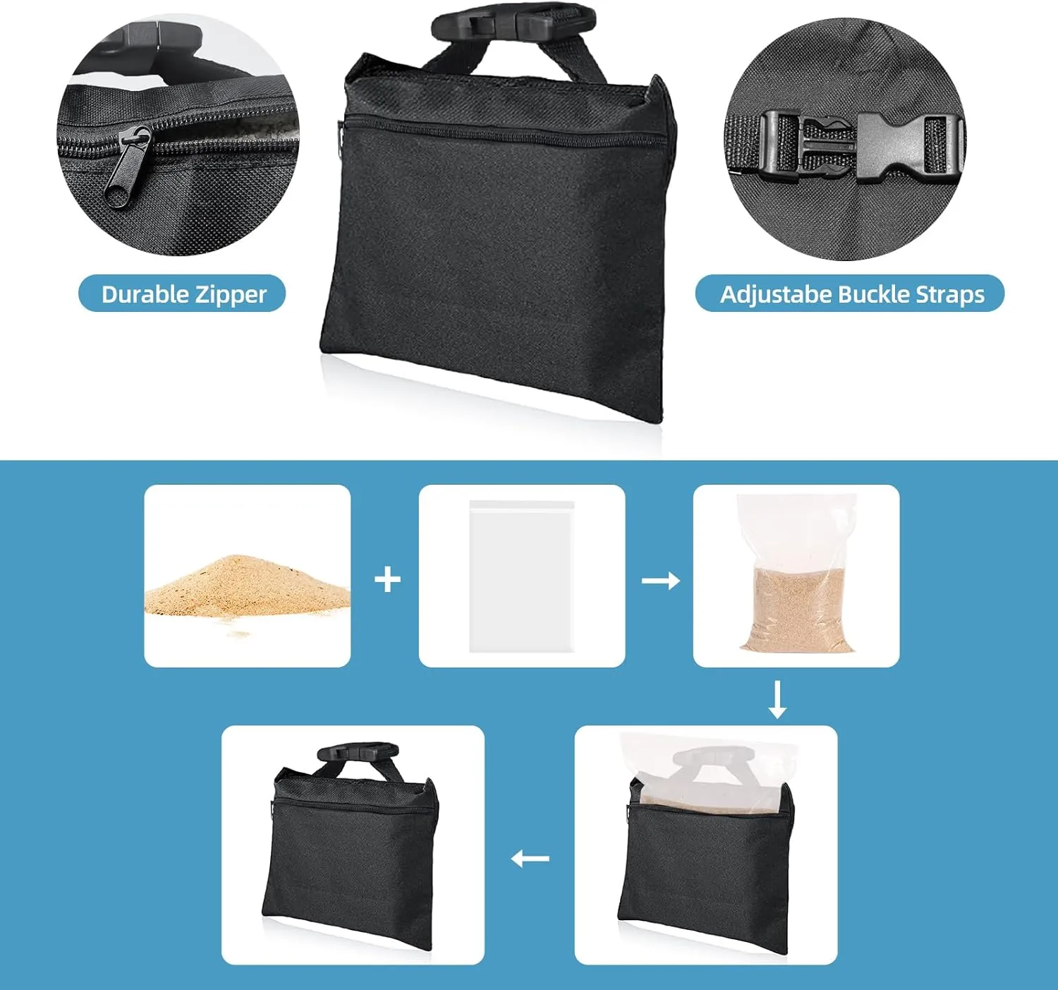 12 Packs Sandbags with 12 PE Bags, Heavy Duty Sand Bags, Sand Bags for Weight with Zipper and Buckle Straps for Support Light Stand, More 2/4/6/8/10/12 Packs Sand Bag to Choose.