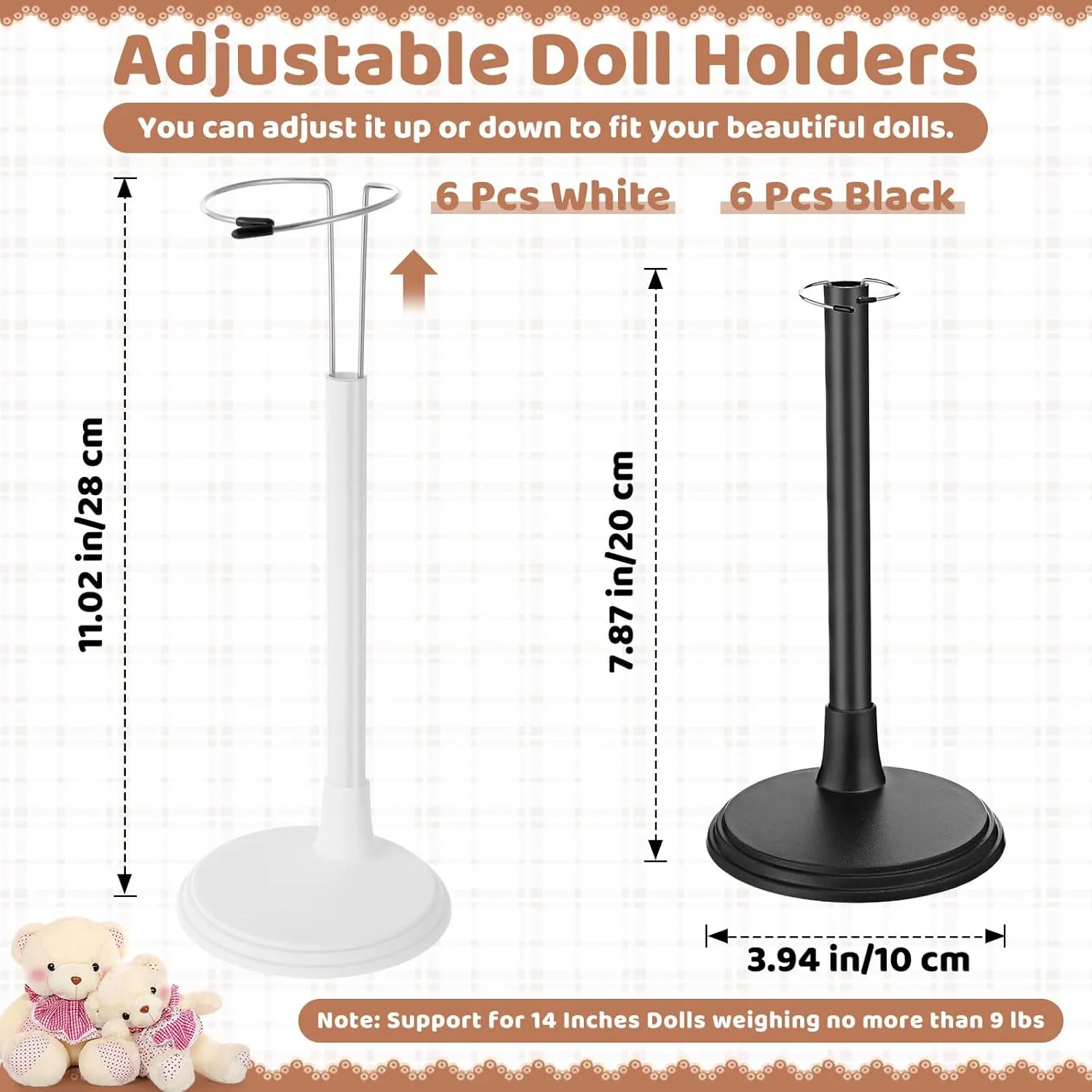 12 Pcs Doll Stands for 8 to 14 Inches Adjustable Dolls Figure Stand Display with Expandable Waist Wire Action Doll Stands Display Rack for Home Shop Birthday Party Favor (Black, White)