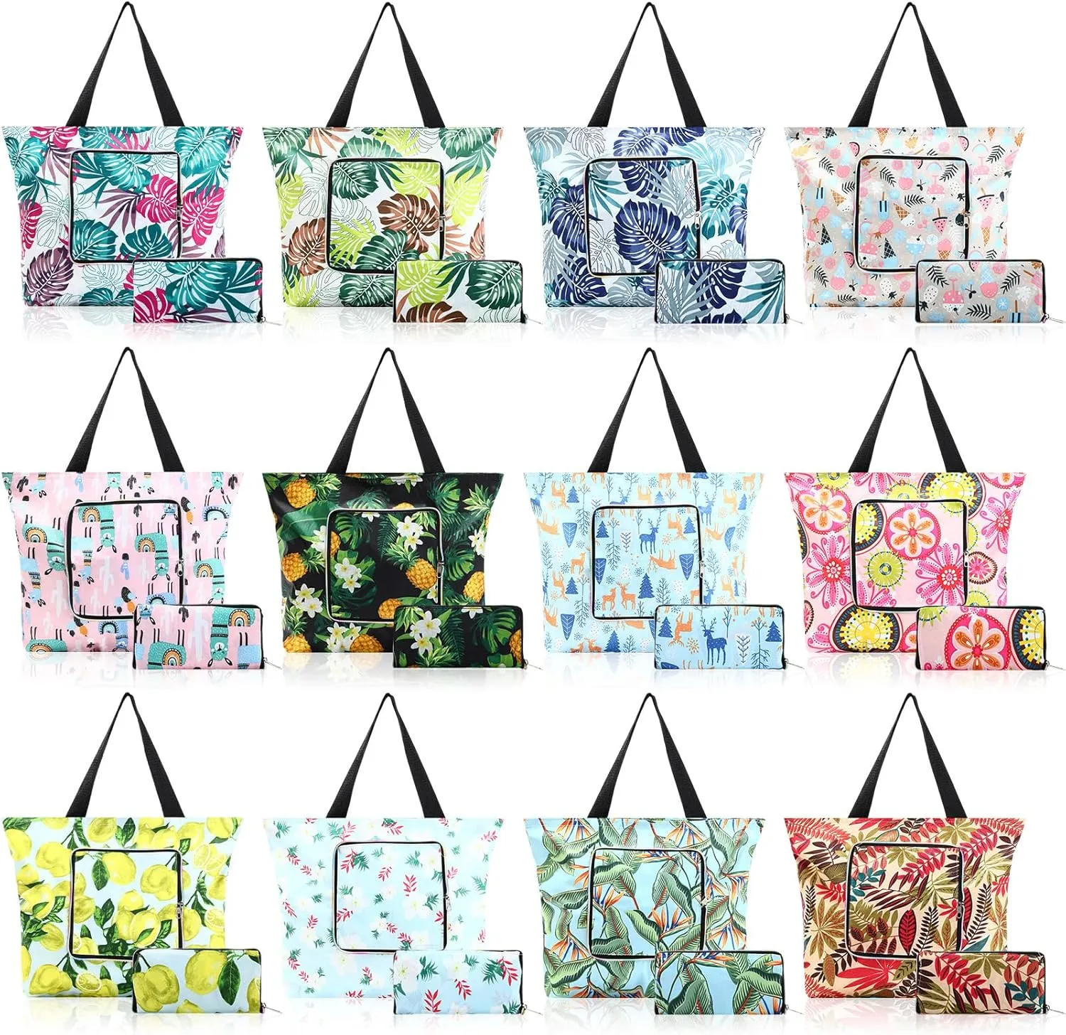 12 Pcs Summer Reusable Shopping Bags Foldable Zippers Large Capacity Grocery Waterproof Beach Tote Bags with Handles for Women Work Gym Beach Groceries