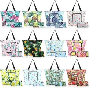 12 Pcs Summer Reusable Shopping Bags Foldable Zippers Large Capacity Grocery Waterproof Beach Tote Bags with Handles for Women Work Gym Beach Groceries