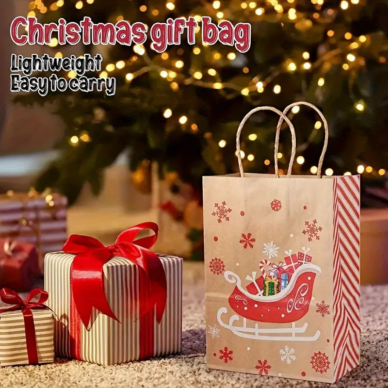 12pcs Christmas Kraft Paper Gift Bags with Handles - 8.3x5.9x3.1 Inches, Festive Holiday Designs for Party Favors, Candy & Presents