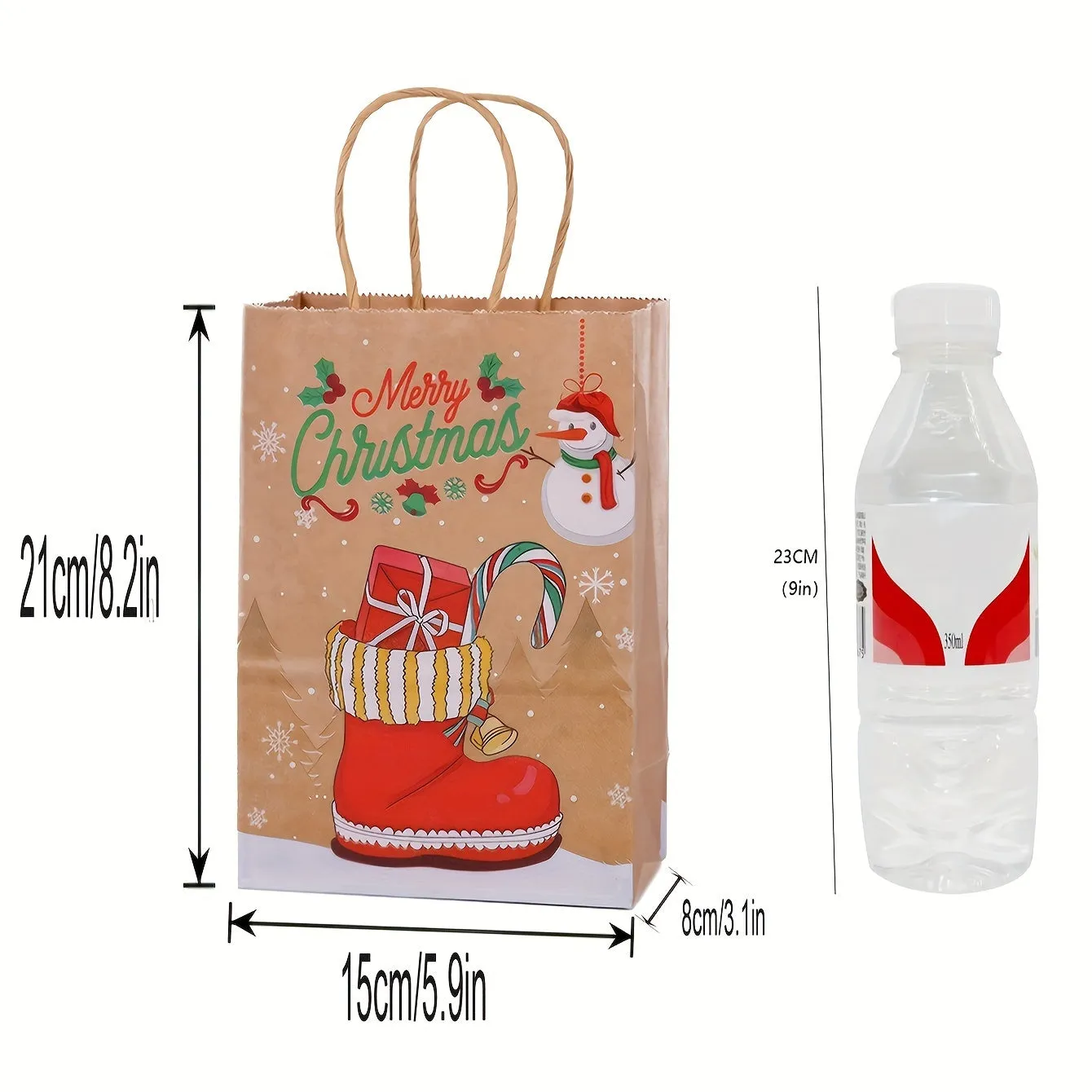12pcs Christmas Kraft Paper Gift Bags with Handles - 8.3x5.9x3.1 Inches, Festive Holiday Designs for Party Favors, Candy & Presents