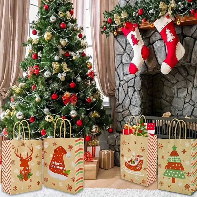 12pcs Christmas Kraft Paper Gift Bags with Handles - 8.3x5.9x3.1 Inches, Festive Holiday Designs for Party Favors, Candy & Presents