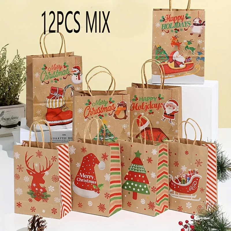 12pcs Christmas Kraft Paper Gift Bags with Handles - 8.3x5.9x3.1 Inches, Festive Holiday Designs for Party Favors, Candy & Presents