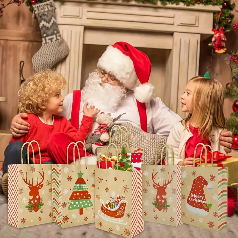 12pcs Christmas Kraft Paper Gift Bags with Handles - 8.3x5.9x3.1 Inches, Festive Holiday Designs for Party Favors, Candy & Presents