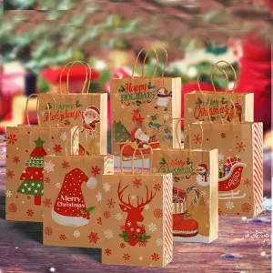 12pcs Christmas Kraft Paper Gift Bags with Handles - 8.3x5.9x3.1 Inches, Festive Holiday Designs for Party Favors, Candy & Presents
