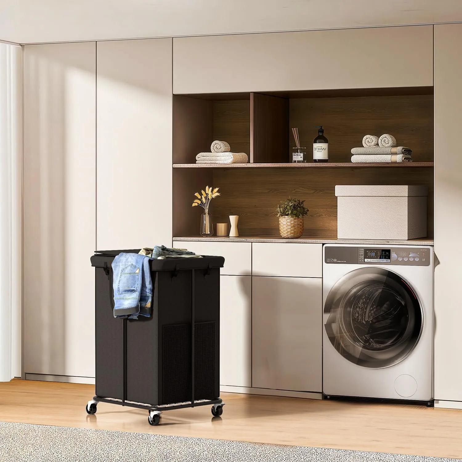 150L Large Laundry Hampers with Lid, Oxford Fabric Laundry Hampers, Metal Frame and Removable Bag Design with Wheels, Suitable for Bedroom, Bathroom, Dorm Room, Laundry Room (Black Lid)