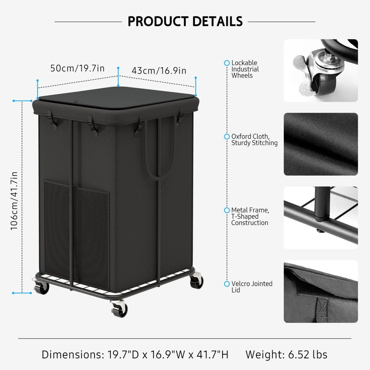 150L Large Laundry Hampers with Lid, Oxford Fabric Laundry Hampers, Metal Frame and Removable Bag Design with Wheels, Suitable for Bedroom, Bathroom, Dorm Room, Laundry Room (Black Lid)