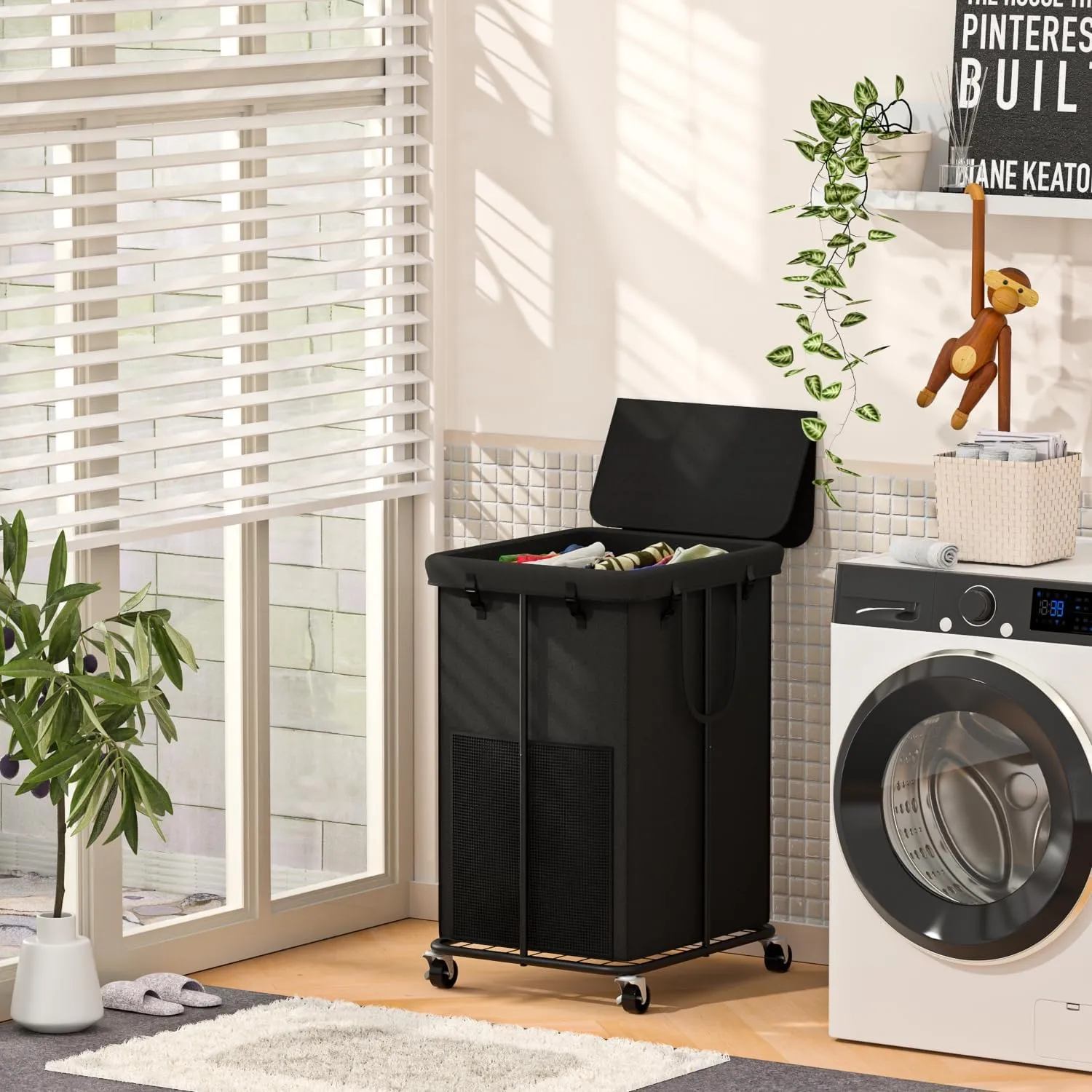 150L Large Laundry Hampers with Lid, Oxford Fabric Laundry Hampers, Metal Frame and Removable Bag Design with Wheels, Suitable for Bedroom, Bathroom, Dorm Room, Laundry Room (Black Lid)