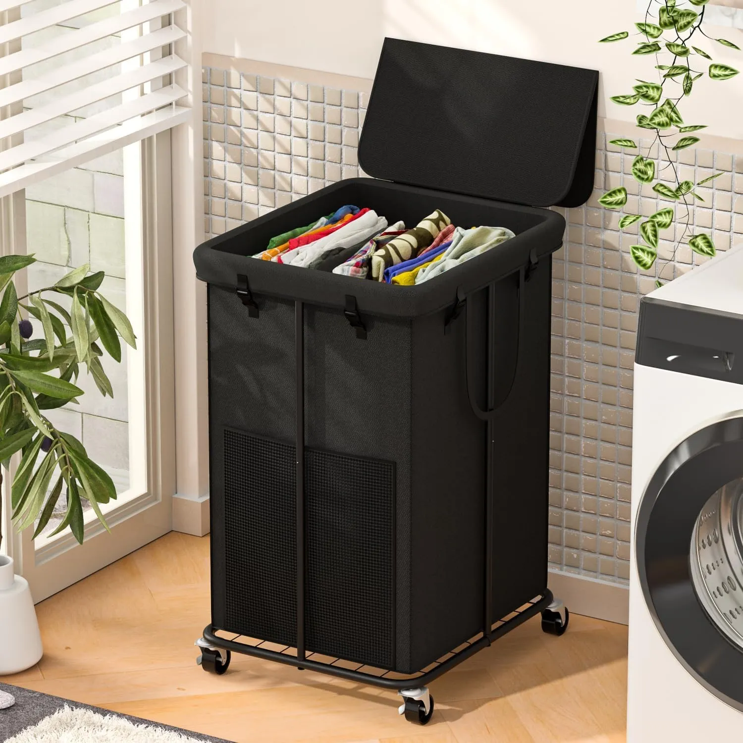150L Large Laundry Hampers with Lid, Oxford Fabric Laundry Hampers, Metal Frame and Removable Bag Design with Wheels, Suitable for Bedroom, Bathroom, Dorm Room, Laundry Room (Black Lid)
