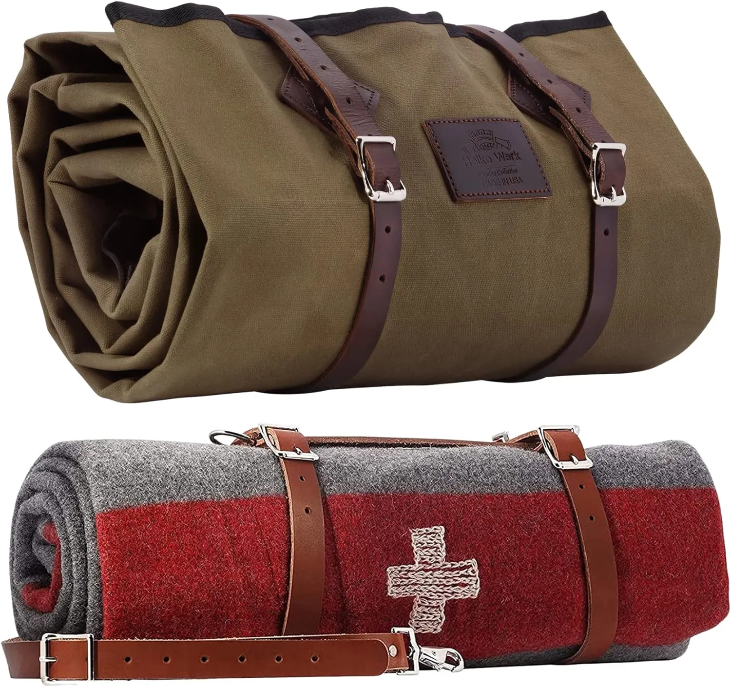 1844 Helko Werk Germany Waxed Canvas Bedroll & Swiss Army Blanket Bundle - Camping Bedroll with Leather Straps and Zipper - Waterproof Portable Bed (Blanket   Bedroll Olive) #F8761OB