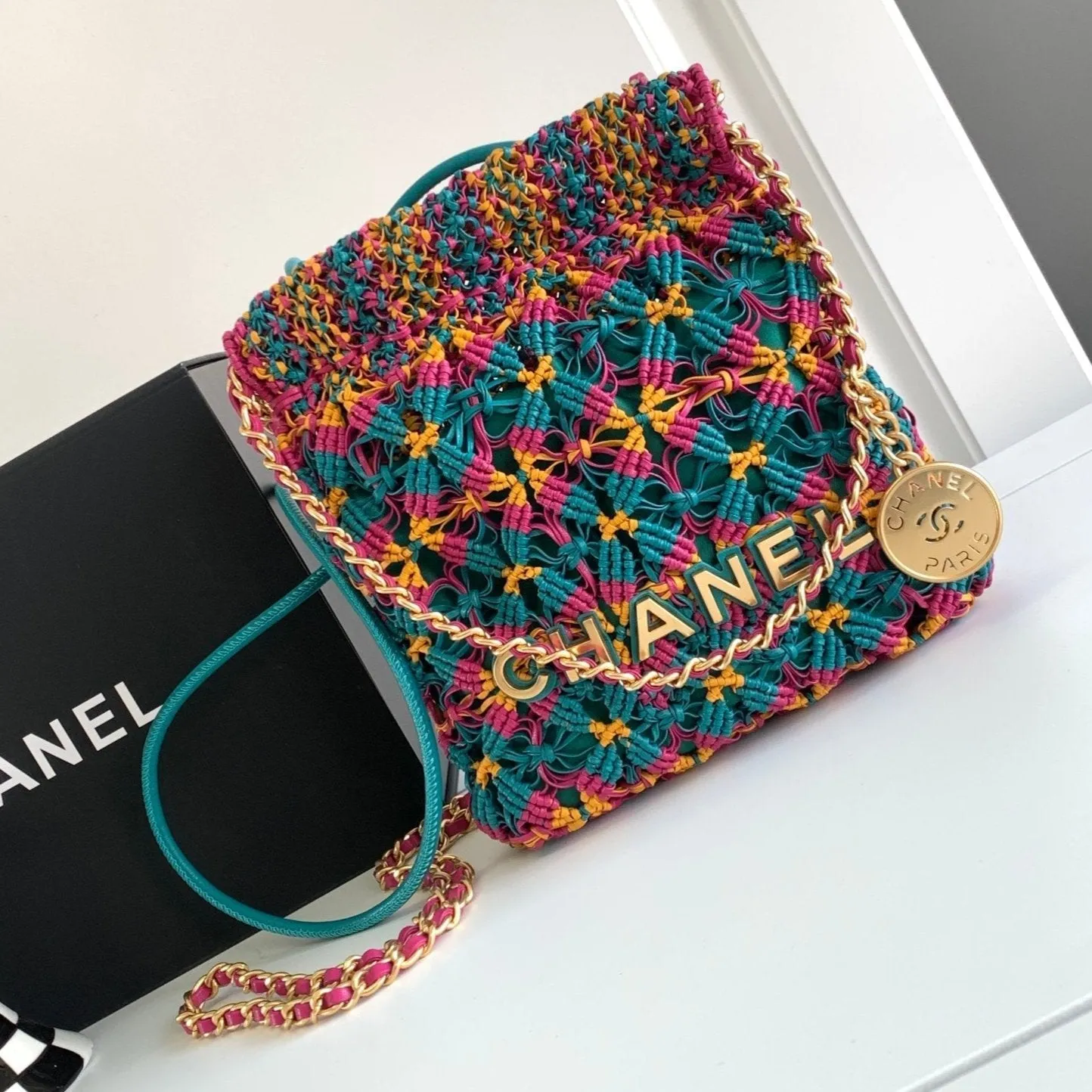 19cm Macrame Multicolor Green Mini Hobo Gold Bag CHANEL Dedicated support Discounted shipping Calfskin Hardware 22