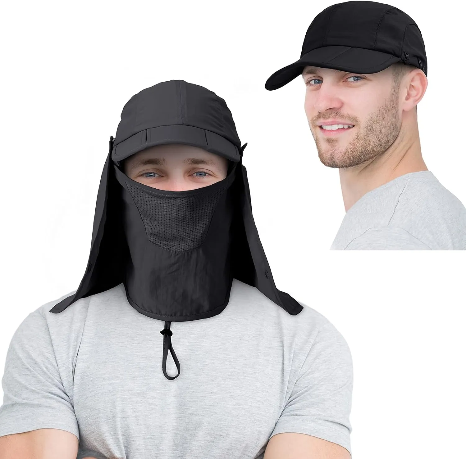 2 Pcs Sun Hats for Men Women UPF 50  Fishing Outdoor Hiking UV Protection Hat with Removable Neck Flap Face Mask
