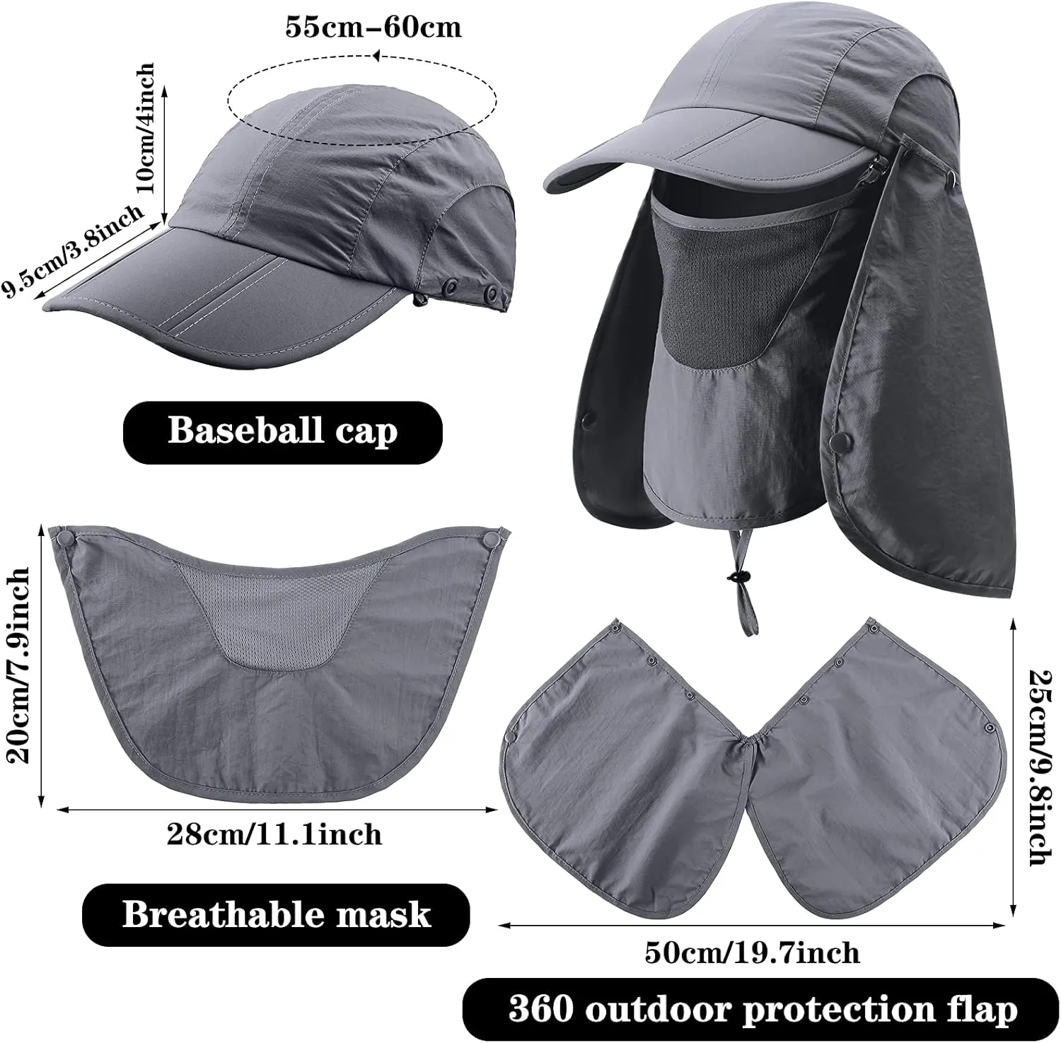 2 Pcs Sun Hats for Men Women UPF 50  Fishing Outdoor Hiking UV Protection Hat with Removable Neck Flap Face Mask