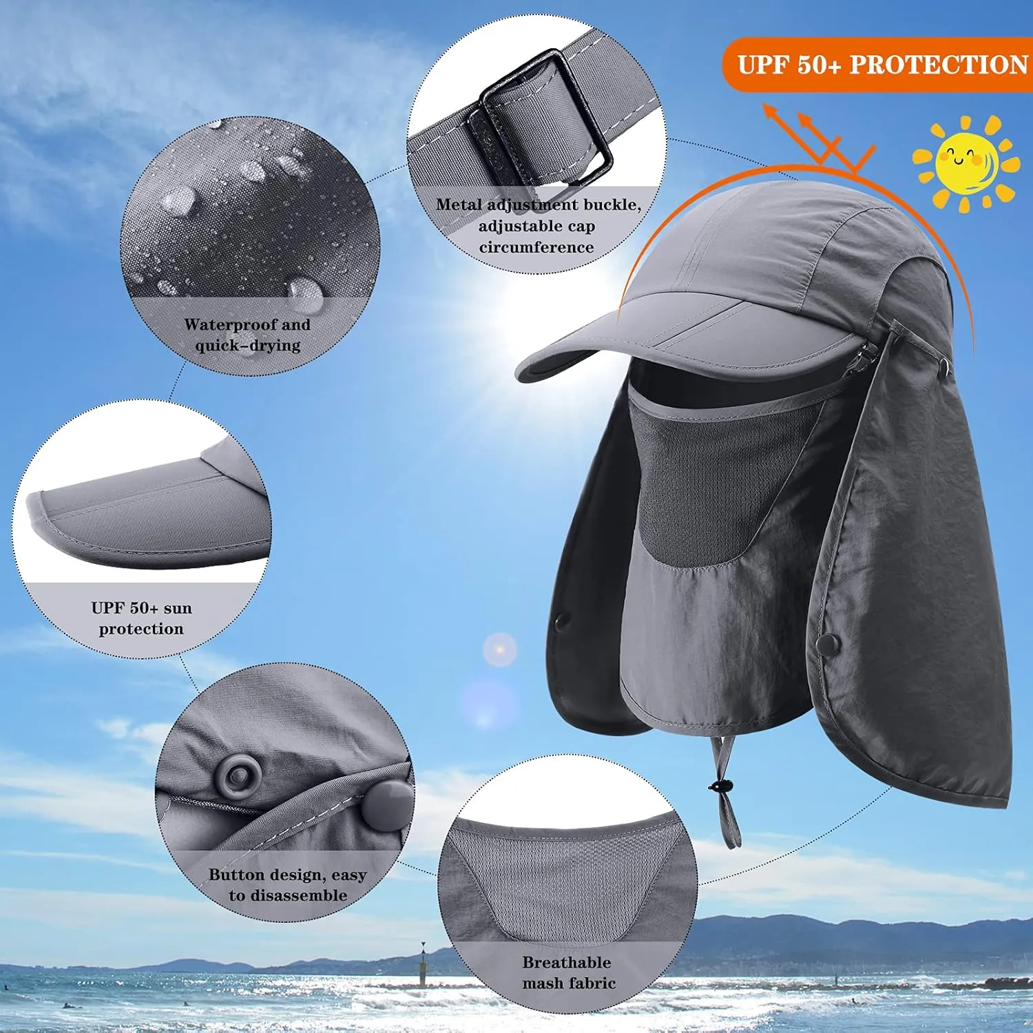 2 Pcs Sun Hats for Men Women UPF 50  Fishing Outdoor Hiking UV Protection Hat with Removable Neck Flap Face Mask