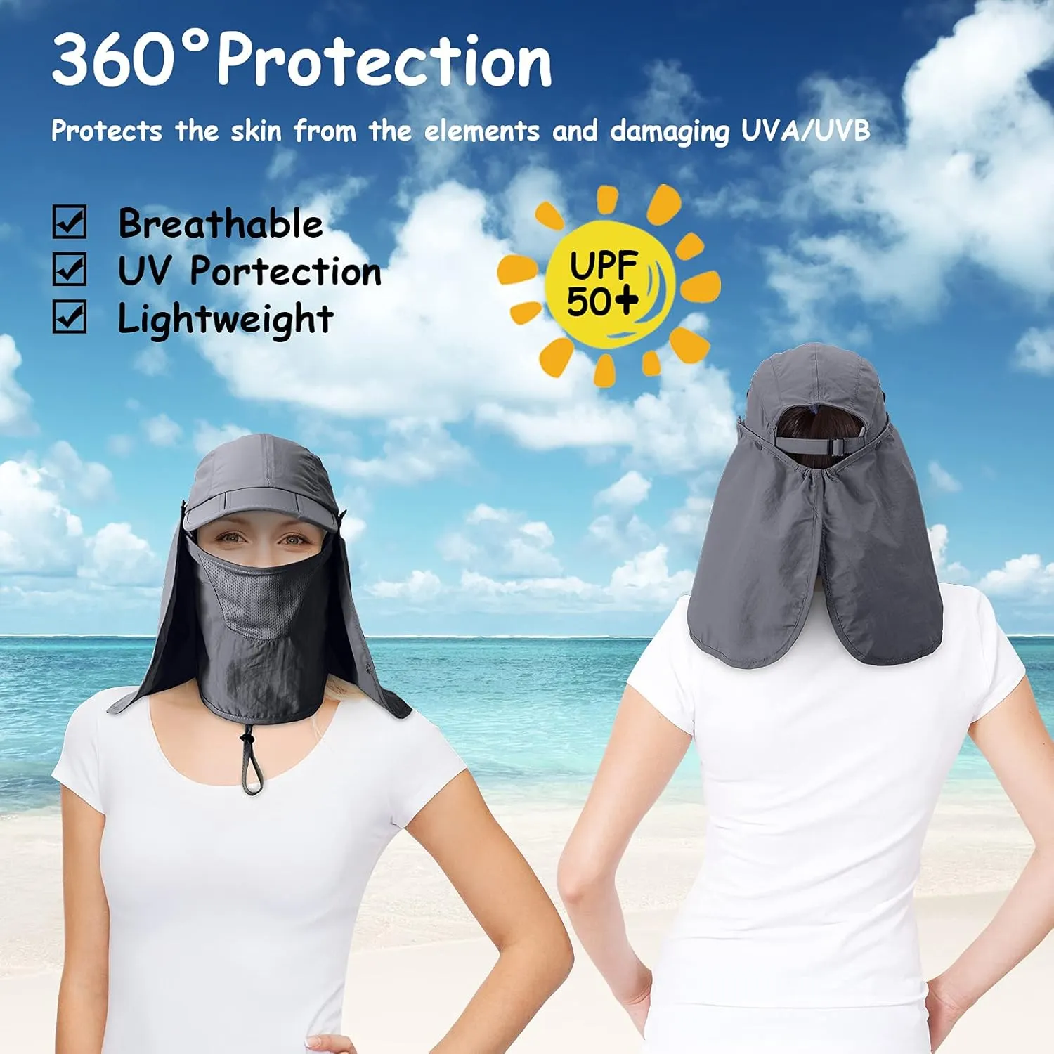 2 Pcs Sun Hats for Men Women UPF 50  Fishing Outdoor Hiking UV Protection Hat with Removable Neck Flap Face Mask