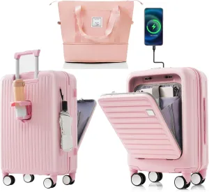 20-Inch Carry-on Luggage with Travel Bag Set, ABS Hard Shell Two-piece Suitcase Set with USB Port Cup Holder Spinner Wheels Carry on Luggage Expandable, Airline Approved (Pink)