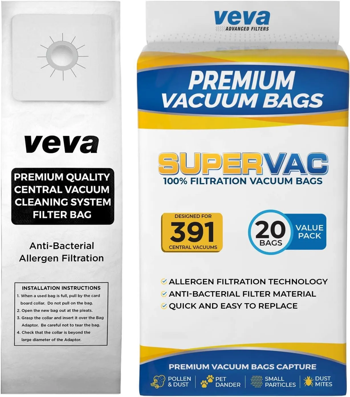 20 Pack VEVA Premium SuperVac Vacuum Gallon Bags compatible with Nutone 391 Central Vac vacuum cleaners replacement models CV350 CV352 CV353 CV450 CV653 CV750