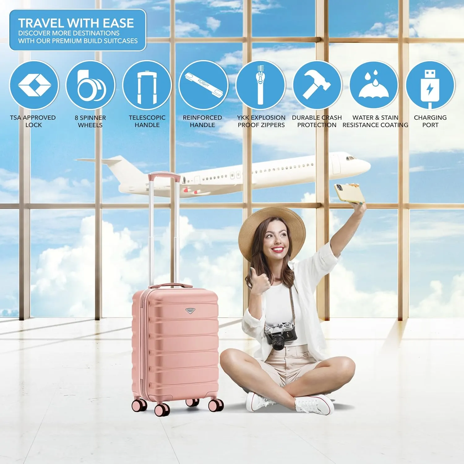 22x14x9 Expandable Carry On Suitcase Hardside TSA Lock USB C Port Lightweight Luggage Silent Double Spinner Wheels Maximum Overhead Carry-On Bag For American & United Approved Airlines