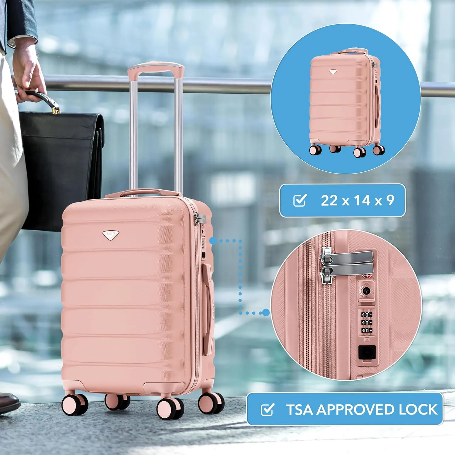 22x14x9 Expandable Carry On Suitcase Hardside TSA Lock USB C Port Lightweight Luggage Silent Double Spinner Wheels Maximum Overhead Carry-On Bag For American & United Approved Airlines