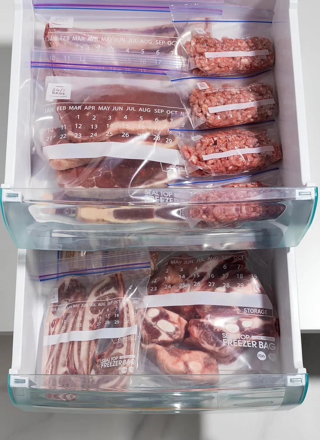 24/7 Bags- Quart Freezer Bags, 140 Count with Expandable Bottom and New Calendar Feature, Easy Fill On The Go