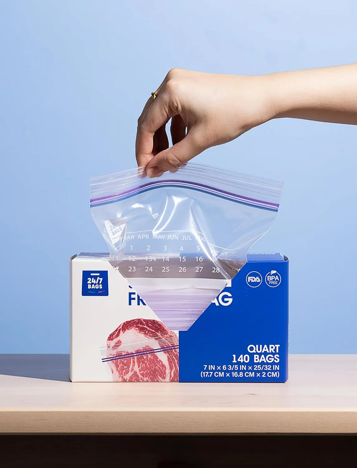 24/7 Bags- Quart Freezer Bags, 140 Count with Expandable Bottom and New Calendar Feature, Easy Fill On The Go