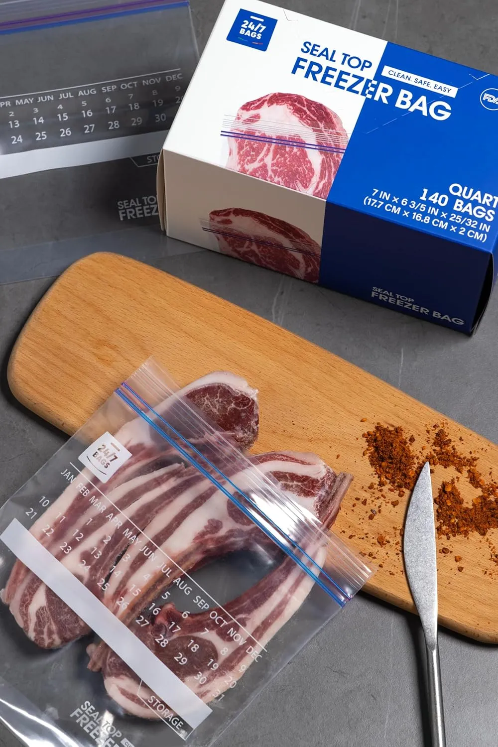 24/7 Bags- Quart Freezer Bags, 140 Count with Expandable Bottom and New Calendar Feature, Easy Fill On The Go