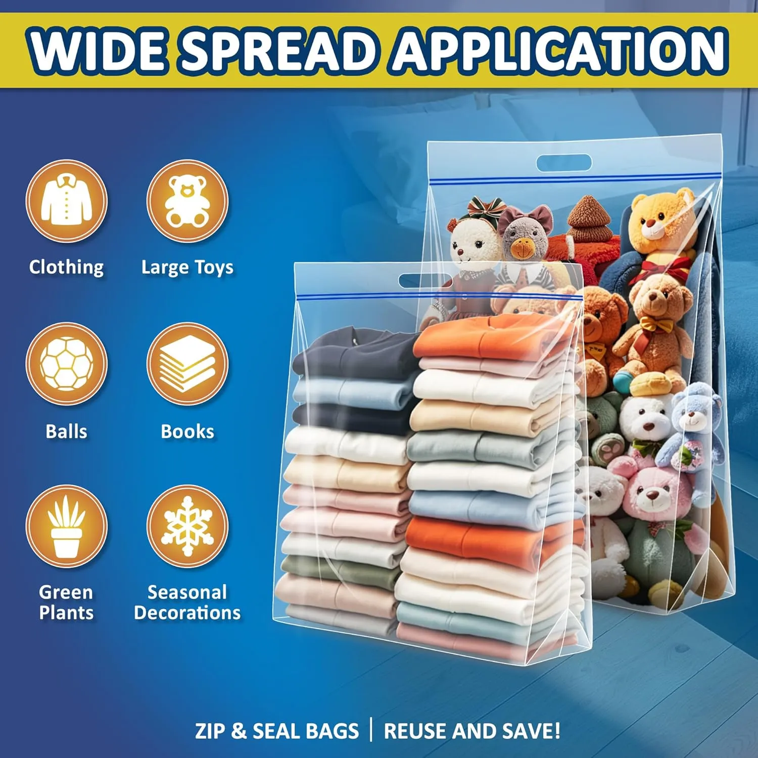 25 Gallon Extra Large Resealable Storage Bags with Zipper Top，35" x 24" Heavy Duty Clear Bags with Handles, 4 Mil Thick, Perfect for Clothing, Pillows, Travel, and Moving (10 Packs)