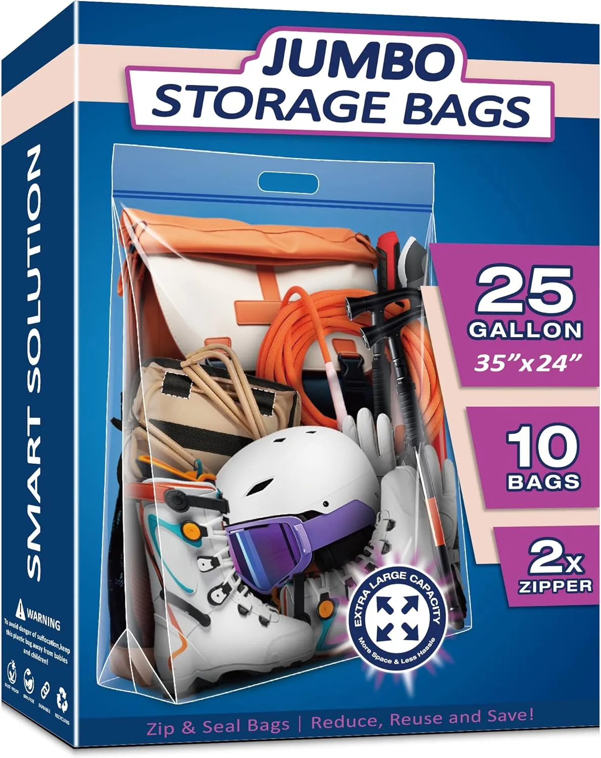 25 Gallon Extra Large Resealable Storage Bags with Zipper Top，35" x 24" Heavy Duty Clear Bags with Handles, 4 Mil Thick, Perfect for Clothing, Pillows, Travel, and Moving (10 Packs)