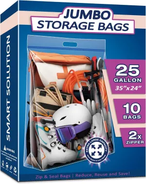 25 Gallon Extra Large Resealable Storage Bags with Zipper Top，35" x 24" Heavy Duty Clear Bags with Handles, 4 Mil Thick, Perfect for Clothing, Pillows, Travel, and Moving (10 Packs)