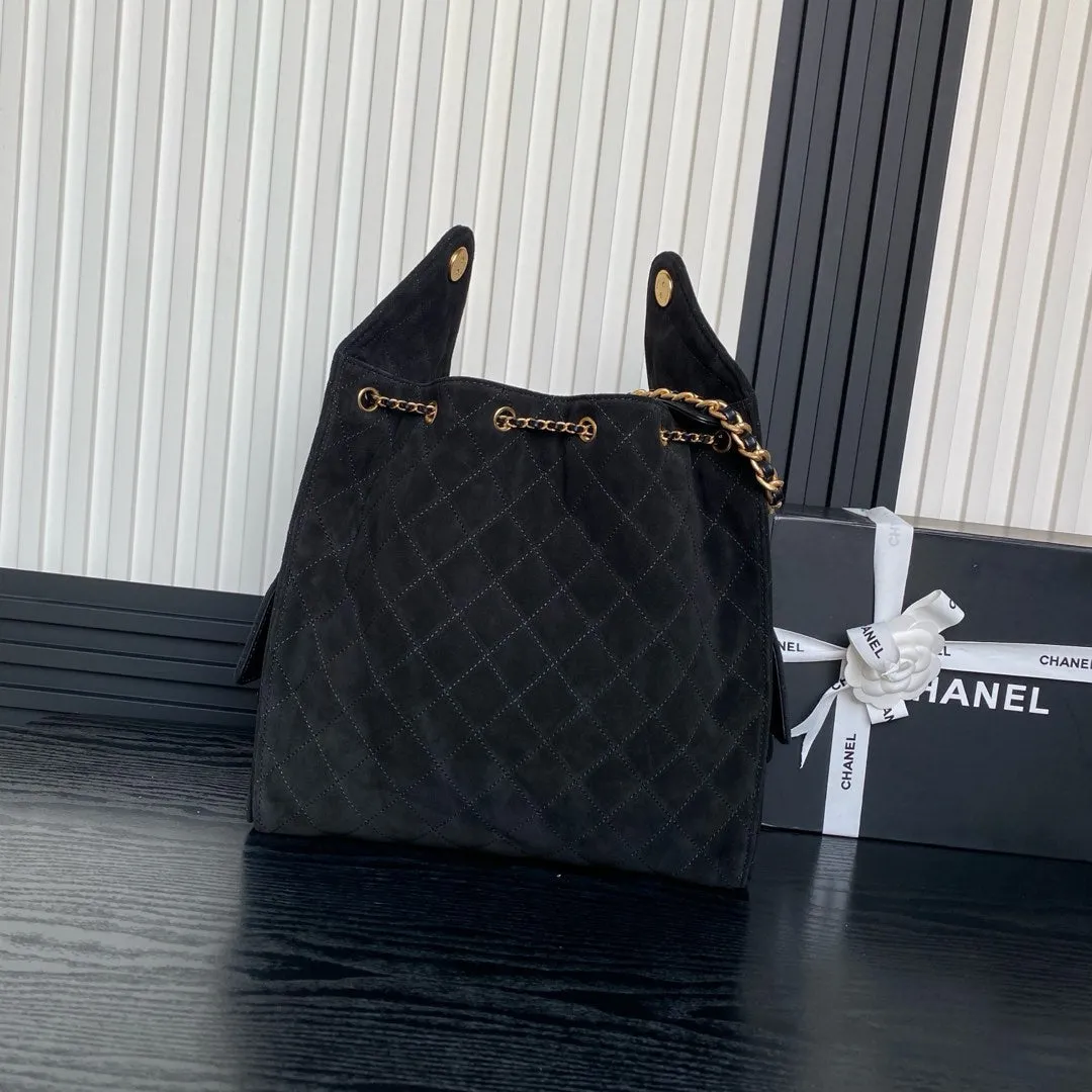 25C Friendly assistance Summer clearance CHANEL Bag Black 40cm Hobo Suede