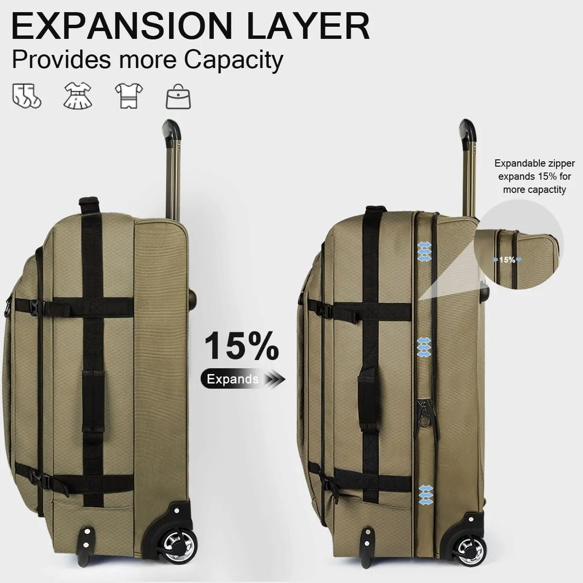 26'' Expandable Rolling Duffle Bag with Wheels,Expandable For Up to 15% More Space,Rolling Duffle Bag w/Handle,Carry on Luggage Travel Duffle Bags for Man Women#Armygreen