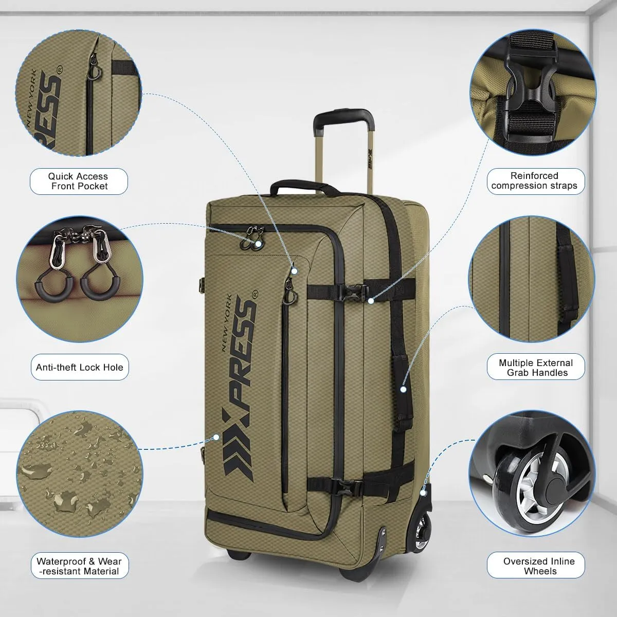 26'' Expandable Rolling Duffle Bag with Wheels,Expandable For Up to 15% More Space,Rolling Duffle Bag w/Handle,Carry on Luggage Travel Duffle Bags for Man Women#Armygreen