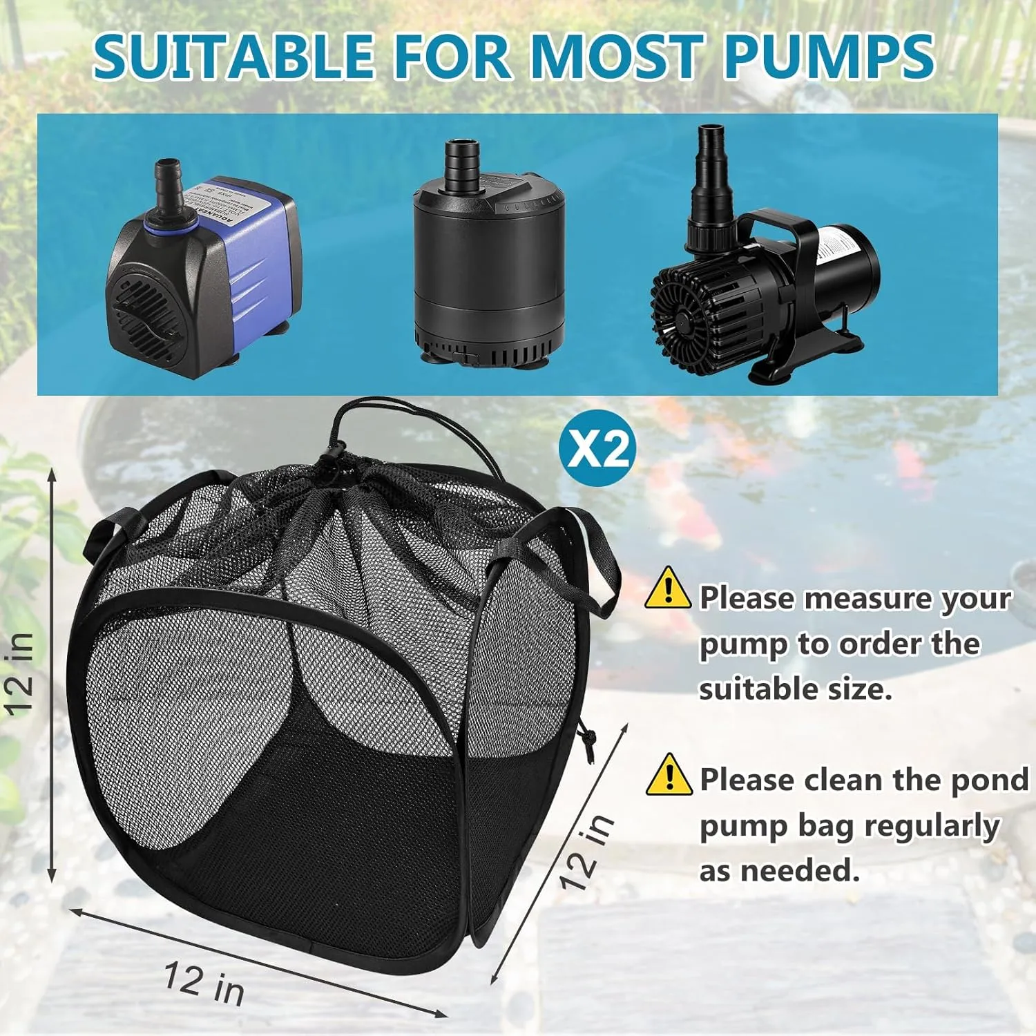 2Pcs Pop Up Pump Barrier Bag Upgraded Pond Filter Box Cover with Drawstring & 2 Handles Anti-Clogging Black Mesh Media Bag Basket for Water Filter Pump Aquarium Swimming Pool Outdoor Fish Pond12"X 12"