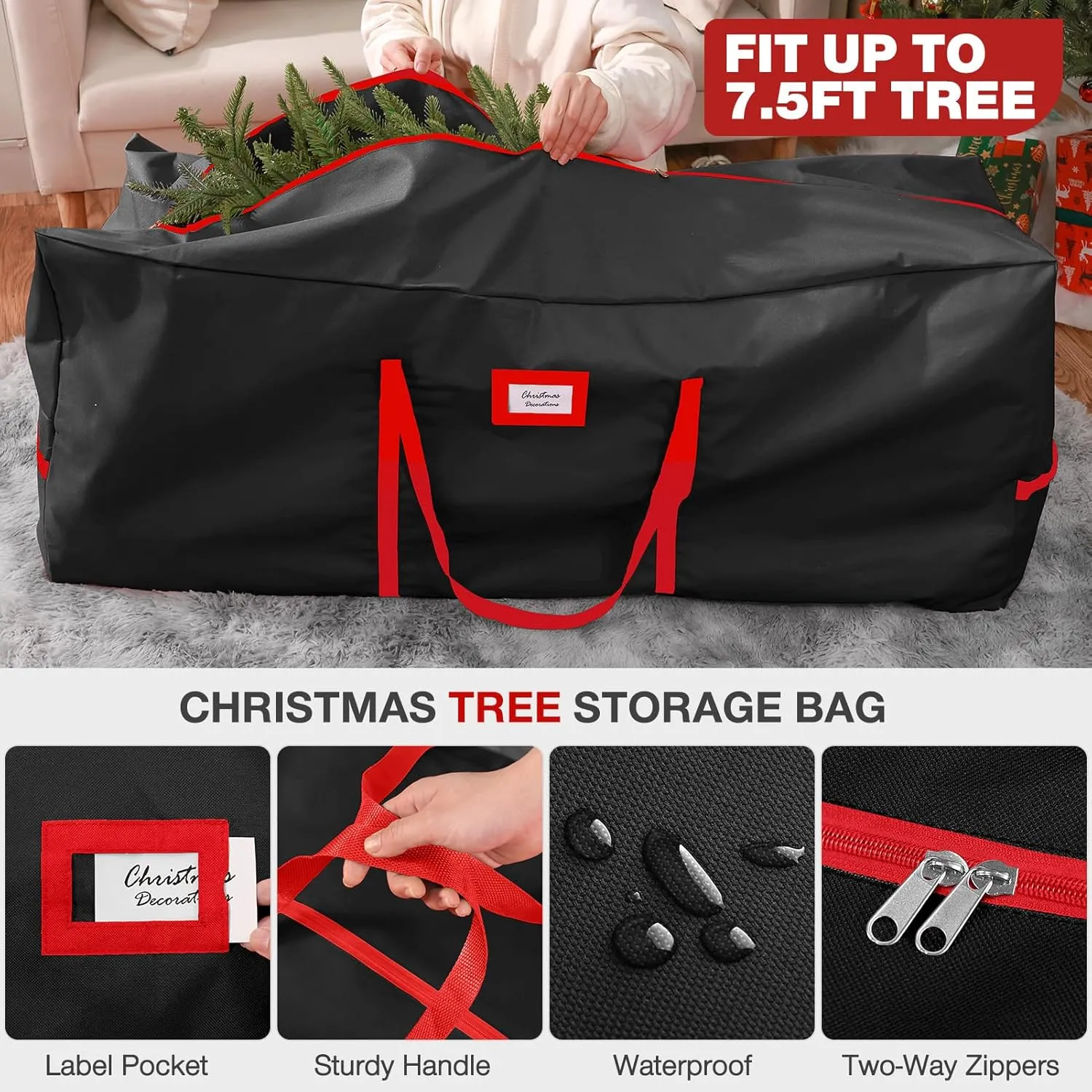 3 Pack Christmas Tree Storage Bag, for 7.5 Ft Artificial Trees up, Durable Waterproof With Reinforced Carrying Handles, Xmas Holiday Garland Bag Storage Case (7.5 Ft, Black)