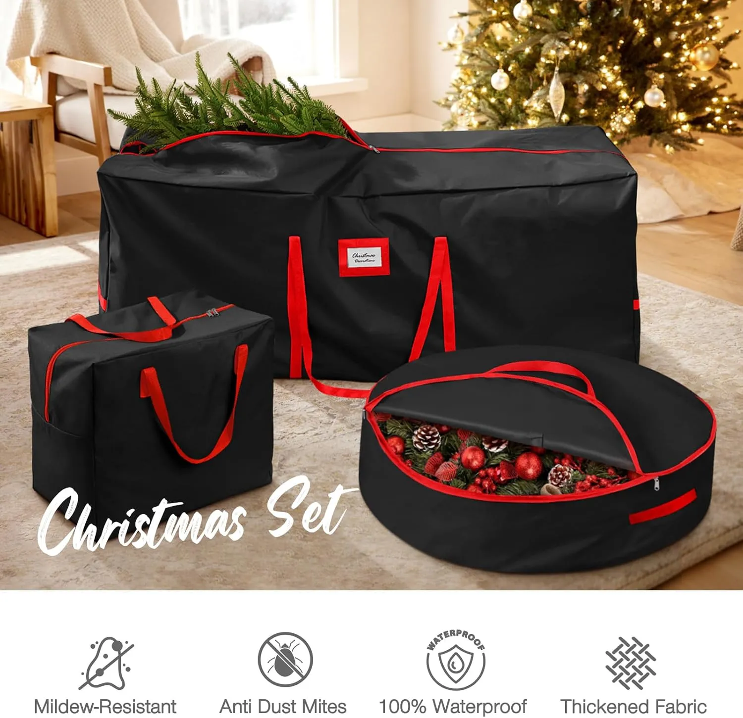 3 Pack Christmas Tree Storage Bag, for 7.5 Ft Artificial Trees up, Durable Waterproof With Reinforced Carrying Handles, Xmas Holiday Garland Bag Storage Case (7.5 Ft, Black)