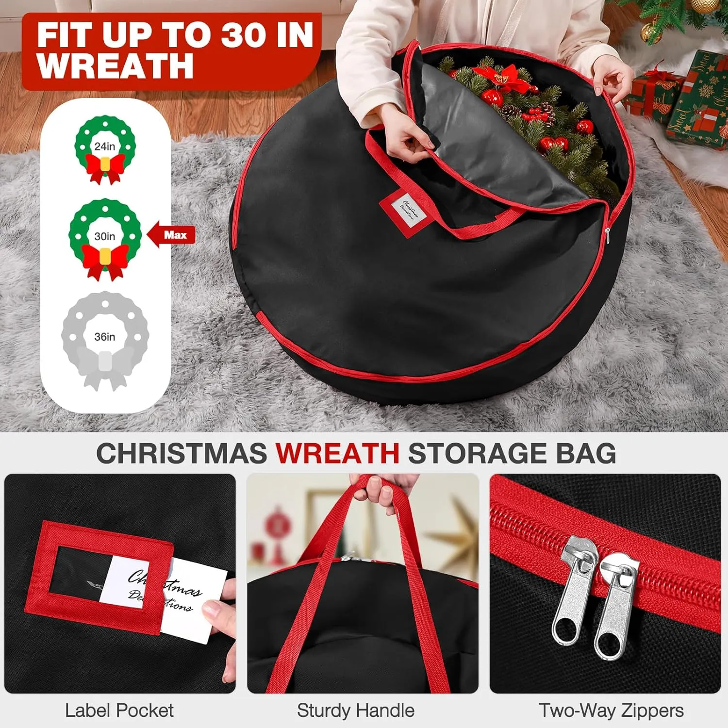 3 Pack Christmas Tree Storage Bag, for 7.5 Ft Artificial Trees up, Durable Waterproof With Reinforced Carrying Handles, Xmas Holiday Garland Bag Storage Case (7.5 Ft, Black)