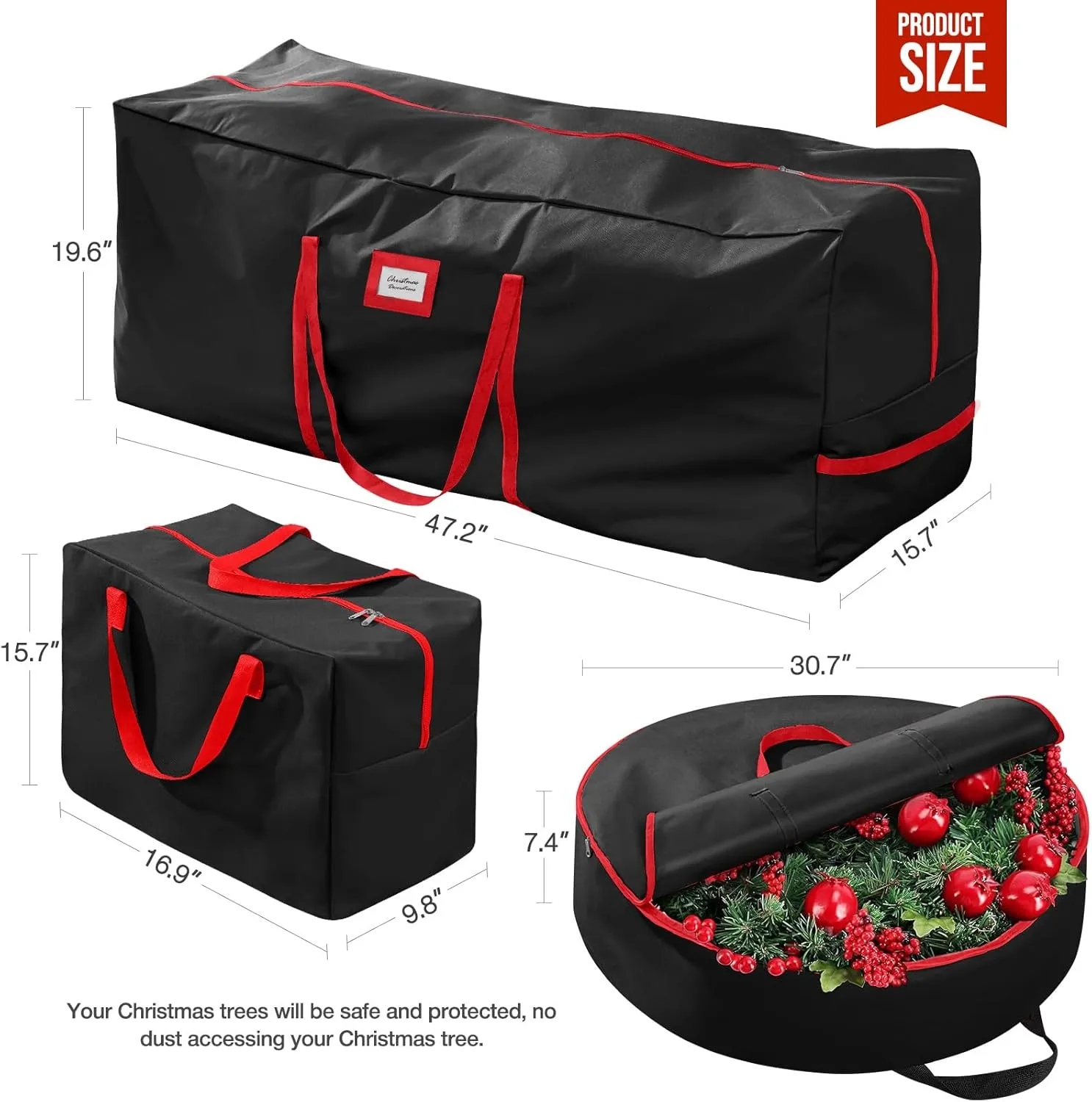 3 Pack Christmas Tree Storage Bag, for 7.5 Ft Artificial Trees up, Durable Waterproof With Reinforced Carrying Handles, Xmas Holiday Garland Bag Storage Case (7.5 Ft, Black)