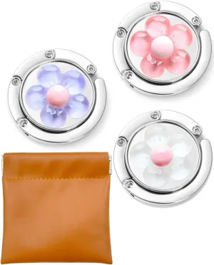 3 Pack Cute Flower Foldable Handbag Hanger Holder, Folding Hooks for Womens Bag Purse Table Hook